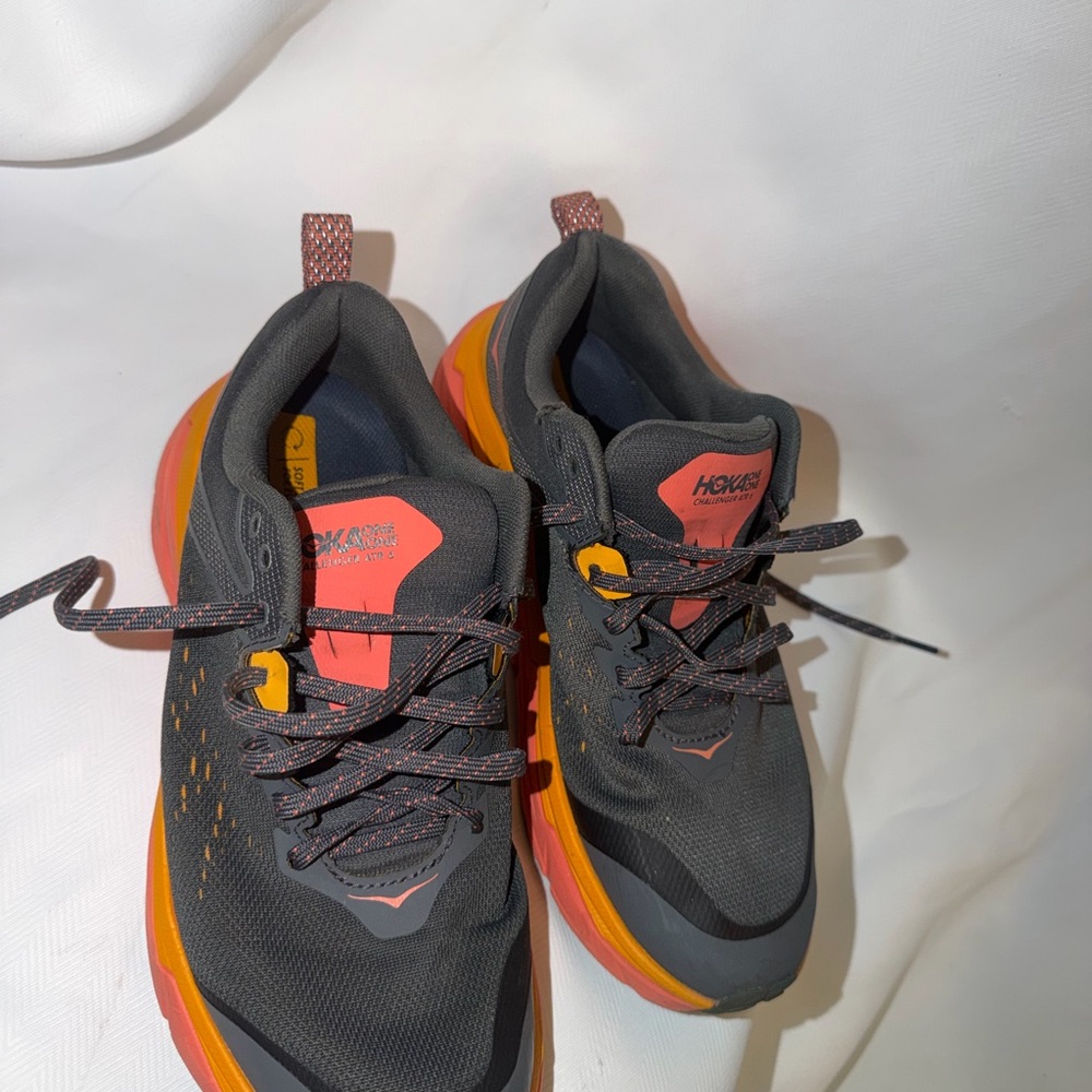 Hoka One Charcoal and Tangerine Athletic Shoes